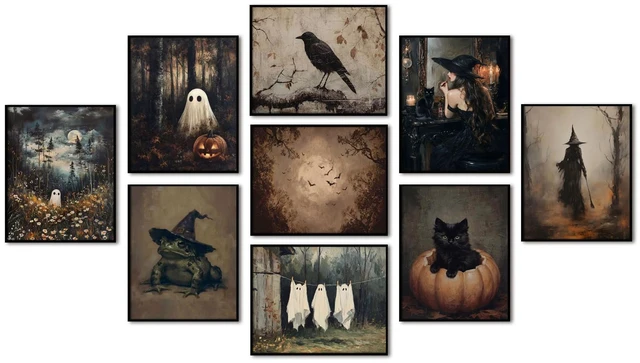 Main image of Vintage Halloween Wall Art Set of 9, Gothic Ghost and Witchy Frog Picture Wall Decor, Dark Academia Black Cat Pumpkin Canvas Prints, Spooky Retro Poster Paintings Unframed 8x10 Inches