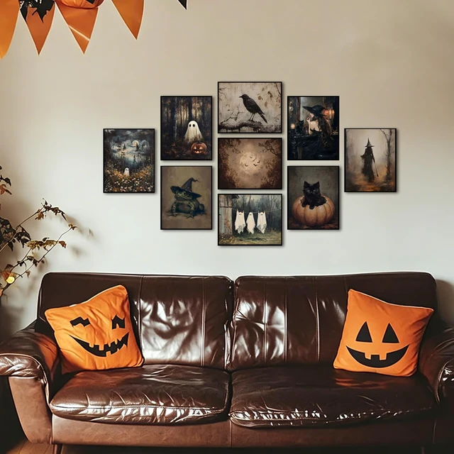 Alt view image 2 of 7 - Vintage Halloween Wall Art Set of 9, Gothic Ghost and Witchy Frog Picture Wall Decor, Dark Academia Black Cat Pumpkin Canvas Prints, Spooky Retro Poster Paintings Unframed 8x10 Inches