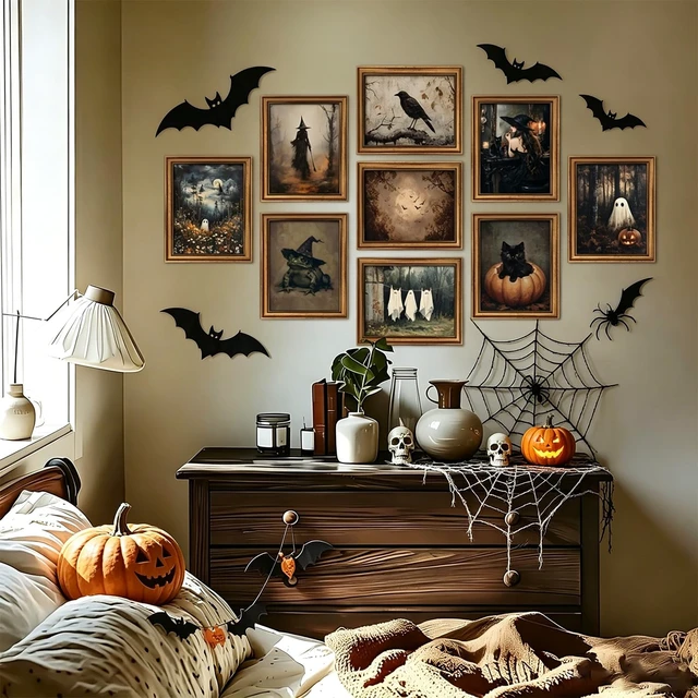 Alt view image 3 of 7 - Vintage Halloween Wall Art Set of 9, Gothic Ghost and Witchy Frog Picture Wall Decor, Dark Academia Black Cat Pumpkin Canvas Prints, Spooky Retro Poster Paintings Unframed 8x10 Inches