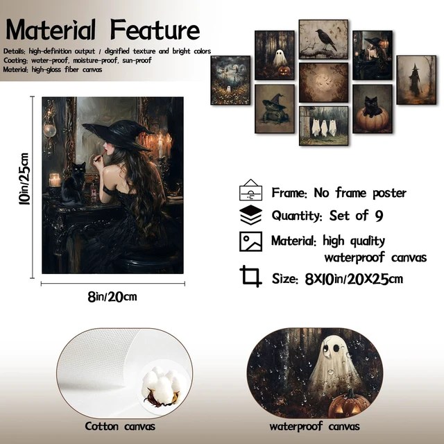 Alt view image 4 of 7 - Vintage Halloween Wall Art Set of 9, Gothic Ghost and Witchy Frog Picture Wall Decor, Dark Academia Black Cat Pumpkin Canvas Prints, Spooky Retro Poster Paintings Unframed 8x10 Inches