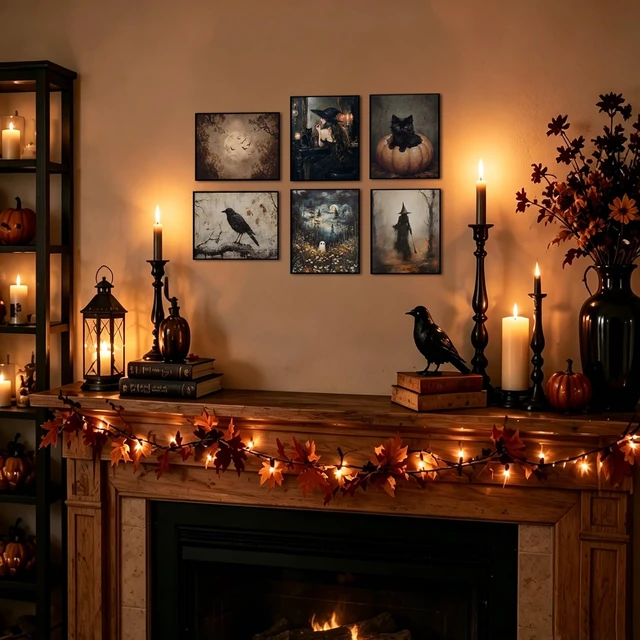 Alt view image 5 of 7 - Vintage Halloween Wall Art Set of 9, Gothic Ghost and Witchy Frog Picture Wall Decor, Dark Academia Black Cat Pumpkin Canvas Prints, Spooky Retro Poster Paintings Unframed 8x10 Inches