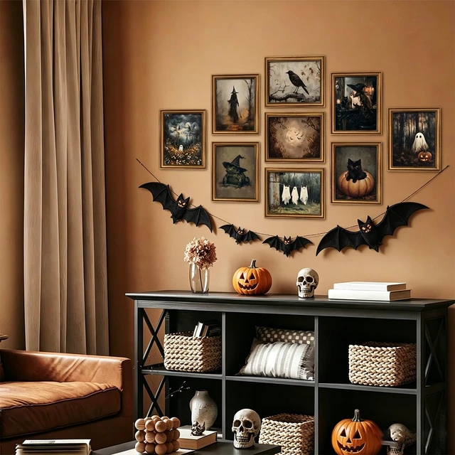 Alt view image 6 of 7 - Vintage Halloween Wall Art Set of 9, Gothic Ghost and Witchy Frog Picture Wall Decor, Dark Academia Black Cat Pumpkin Canvas Prints, Spooky Retro Poster Paintings Unframed 8x10 Inches