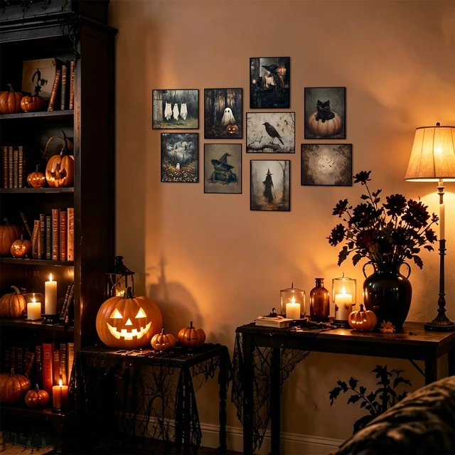 Alt view image 7 of 7 - Vintage Halloween Wall Art Set of 9, Gothic Ghost and Witchy Frog Picture Wall Decor, Dark Academia Black Cat Pumpkin Canvas Prints, Spooky Retro Poster Paintings Unframed 8x10 Inches