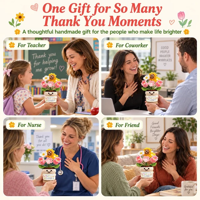 Alt view image 4 of 7 - Thank You Gifts for Women, Appreciation Gifts for Coworker Friend Teachers Nurse Boss, Employee Retirement Farewell Christmas Gifts, Positive Emotional Support Crochet Flower Home Office Desk Decor