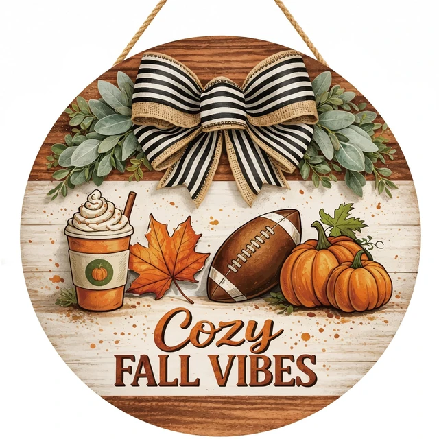 Main image of Fall Decorations for Home - 2D Printed Flat Welcome Sign for Front Door | Rustic Round Wood Wreaths Hanging Sign for Thanksgiving - Cozy Fall Vibes Garland Porch Decor for Wall Room Kitchen
