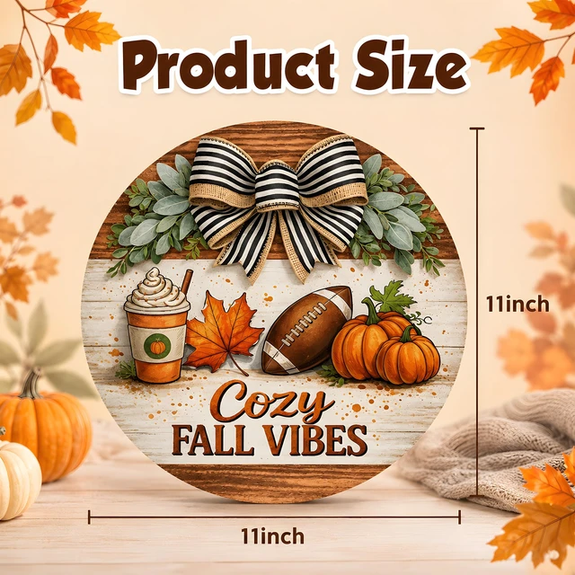 Alt view image 3 of 7 - Fall Decorations for Home - 2D Printed Flat Welcome Sign for Front Door | Rustic Round Wood Wreaths Hanging Sign for Thanksgiving - Cozy Fall Vibes Garland Porch Decor for Wall Room Kitchen