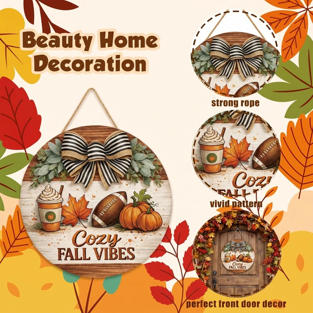 Alt view image 4 of 7 - Fall Decorations for Home - 2D Printed Flat Welcome Sign for Front Door | Rustic Round Wood Wreaths Hanging Sign for Thanksgiving - Cozy Fall Vibes Garland Porch Decor for Wall Room Kitchen