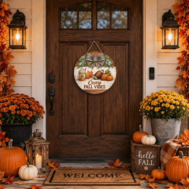 Alt view image 5 of 7 - Fall Decorations for Home - 2D Printed Flat Welcome Sign for Front Door | Rustic Round Wood Wreaths Hanging Sign for Thanksgiving - Cozy Fall Vibes Garland Porch Decor for Wall Room Kitchen