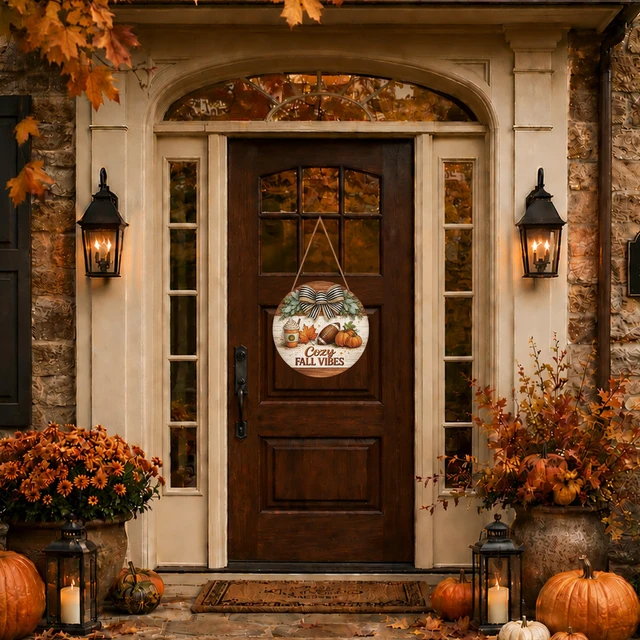 Alt view image 7 of 7 - Fall Decorations for Home - 2D Printed Flat Welcome Sign for Front Door | Rustic Round Wood Wreaths Hanging Sign for Thanksgiving - Cozy Fall Vibes Garland Porch Decor for Wall Room Kitchen