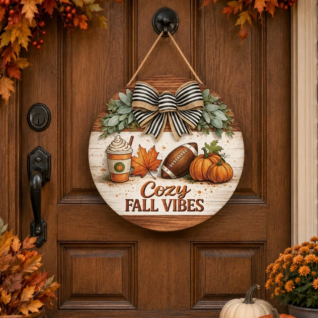 Alt view image 2 of 7 - Fall Decorations for Home - 2D Printed Flat Welcome Sign for Front Door | Rustic Round Wood Wreaths Hanging Sign for Thanksgiving - Cozy Fall Vibes Garland Porch Decor for Wall Room Kitchen