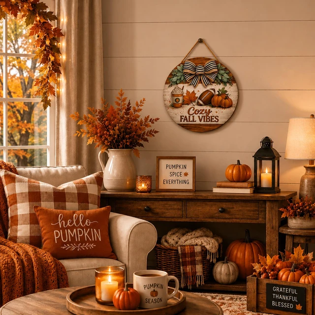 Alt view image 6 of 7 - Fall Decorations for Home - 2D Printed Flat Welcome Sign for Front Door | Rustic Round Wood Wreaths Hanging Sign for Thanksgiving - Cozy Fall Vibes Garland Porch Decor for Wall Room Kitchen
