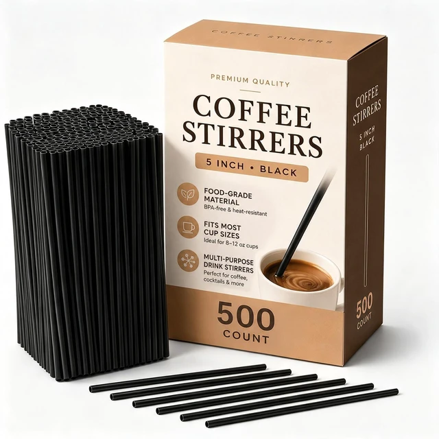 Main image of Coffee Stirrers 500 Count, 5 Inch Disposable Plastic Stir Sticks for Coffee & Drinks, Food-Grade Stirrers for Office, Coffee Bar, Restaurant, Home, Party Supplies