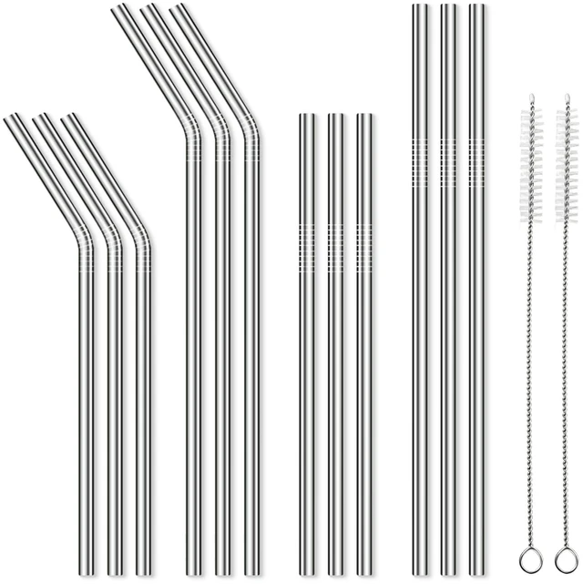 Main image of 12 Pack Reusable Stainless Steel Metal Straws, 3 Straight + 3 Bent 10.5 Inch and 3 Straight + 3 Bent 8.5 Inch Metal Straws for 20 24 30 oz Tumblers Dishwasher Safe - 2 Cleaning Brushes Included