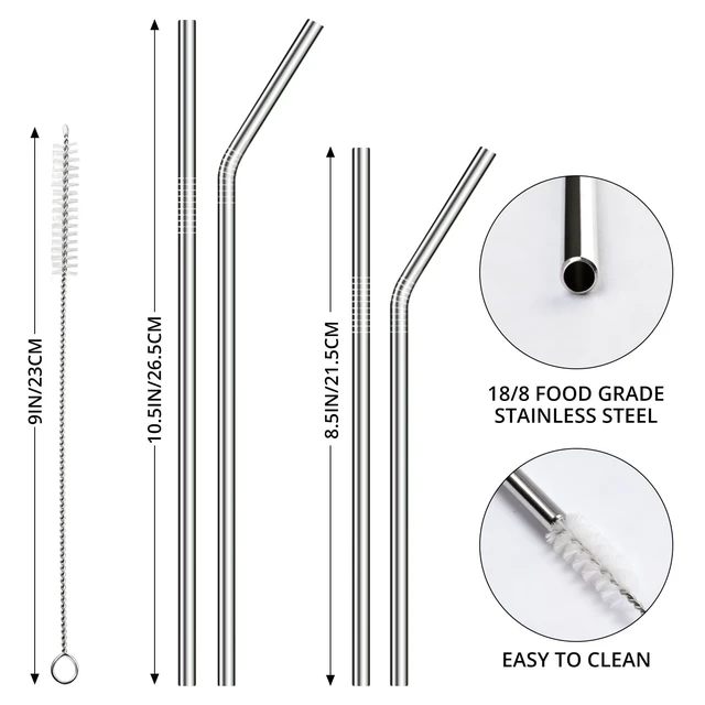 Alt view image 2 of 7 - 12 Pack Reusable Stainless Steel Metal Straws, 3 Straight + 3 Bent 10.5 Inch and 3 Straight + 3 Bent 8.5 Inch Metal Straws for 20 24 30 oz Tumblers Dishwasher Safe - 2 Cleaning Brushes Included