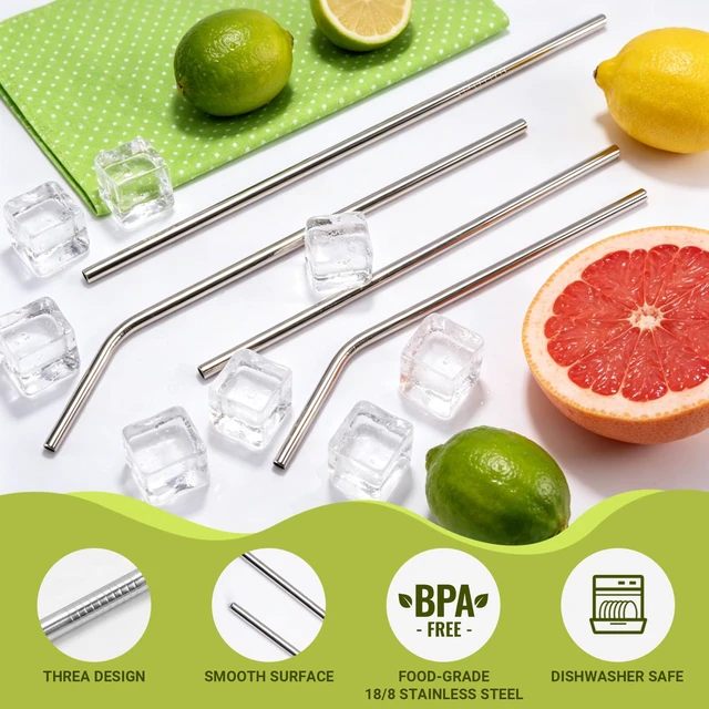 Alt view image 3 of 7 - 12 Pack Reusable Stainless Steel Metal Straws, 3 Straight + 3 Bent 10.5 Inch and 3 Straight + 3 Bent 8.5 Inch Metal Straws for 20 24 30 oz Tumblers Dishwasher Safe - 2 Cleaning Brushes Included