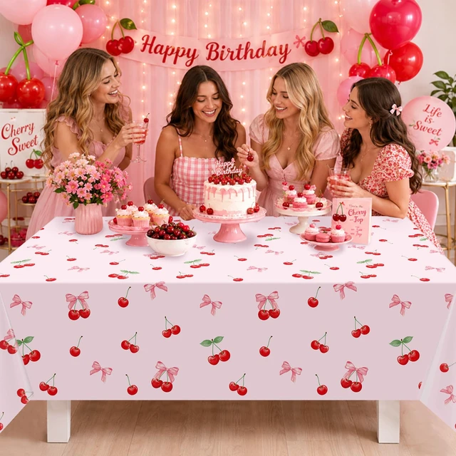 Alt view image 7 of 7 - 3Pcs Cherry Birthday Tablecloths Decorations, Pink Cherry and Bow Tablecloths, Disposable Plastic Rectangle Table Covers for Cherry Party Decorations, Baby Shower, Girls Birthday Party 54 x 108 Inch