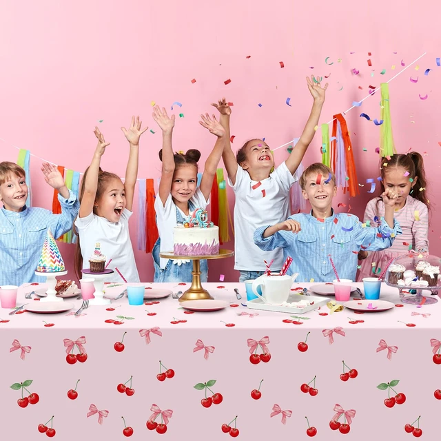 Alt view image 6 of 7 - 3Pcs Cherry Birthday Tablecloths Decorations, Pink Cherry and Bow Tablecloths, Disposable Plastic Rectangle Table Covers for Cherry Party Decorations, Baby Shower, Girls Birthday Party 54 x 108 Inch