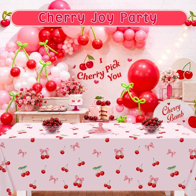 Alt view image 4 of 7 - 3Pcs Cherry Birthday Tablecloths Decorations, Pink Cherry and Bow Tablecloths, Disposable Plastic Rectangle Table Covers for Cherry Party Decorations, Baby Shower, Girls Birthday Party 54 x 108 Inch