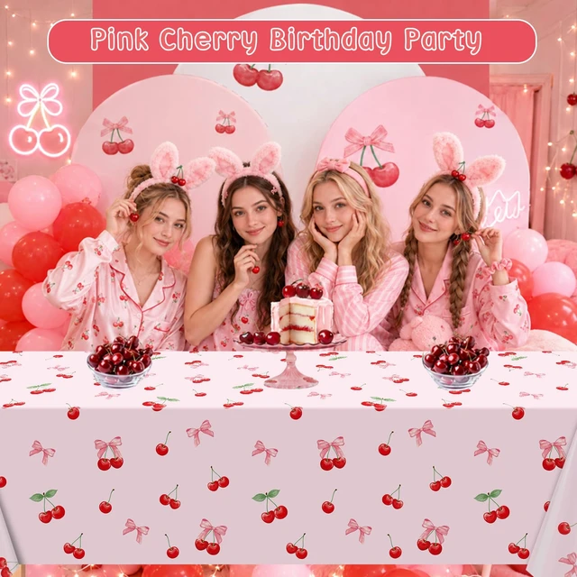 Alt view image 5 of 7 - 3Pcs Cherry Birthday Tablecloths Decorations, Pink Cherry and Bow Tablecloths, Disposable Plastic Rectangle Table Covers for Cherry Party Decorations, Baby Shower, Girls Birthday Party 54 x 108 Inch