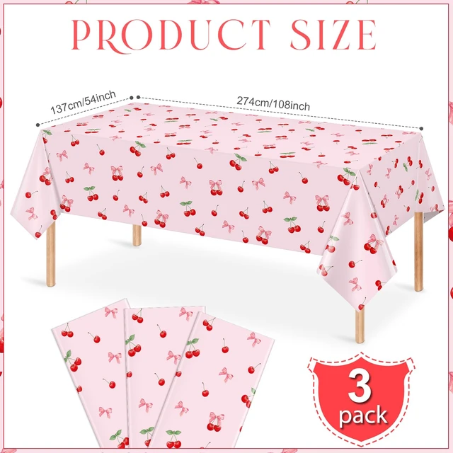 Alt view image 2 of 7 - 3Pcs Cherry Birthday Tablecloths Decorations, Pink Cherry and Bow Tablecloths, Disposable Plastic Rectangle Table Covers for Cherry Party Decorations, Baby Shower, Girls Birthday Party 54 x 108 Inch