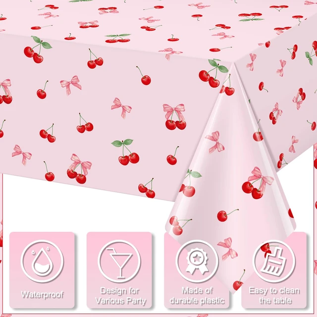 Alt view image 3 of 7 - 3Pcs Cherry Birthday Tablecloths Decorations, Pink Cherry and Bow Tablecloths, Disposable Plastic Rectangle Table Covers for Cherry Party Decorations, Baby Shower, Girls Birthday Party 54 x 108 Inch