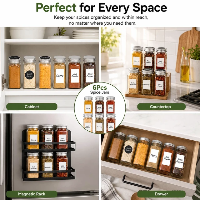 Alt view image 7 of 7 - 6Pcs 4oz Spice Jars with Label, Empty Seasoning Containers with Shaker Lids | Dual Label System | Multiple Scenarios | Dual-Lid Design | Durable Food-Grade Glass | Space-Saving