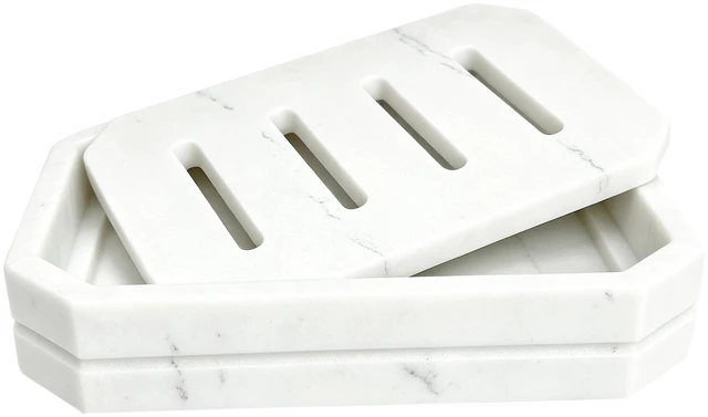 Main image of Drainable Soap Dish, Double Layer Resin Soap Holder with Marble-Look, Non-Slip Silicone Feet Soap Saver for Bathroom