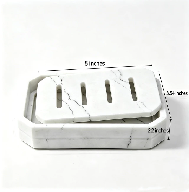 Alt view image 3 of 4 - Drainable Soap Dish, Double Layer Resin Soap Holder with Marble-Look, Non-Slip Silicone Feet Soap Saver for Bathroom
