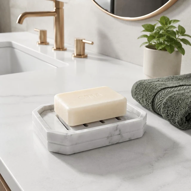 Alt view image 4 of 4 - Drainable Soap Dish, Double Layer Resin Soap Holder with Marble-Look, Non-Slip Silicone Feet Soap Saver for Bathroom