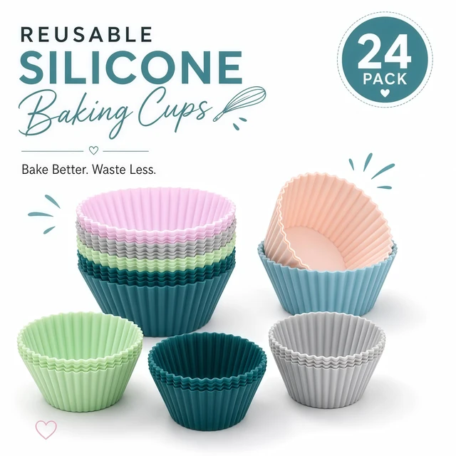 Alt view image 7 of 7 - 24Pk Silicone Muffin Cups - Cupcake Liners - Kitchen-Reusable-Baking-Cups-Non-Stick-Cupcake-Standard