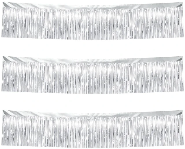 Main image of Silver Streamers Table Skirt Tinsel 3 Packs 36 Feet Metallic Foil Fringe Garland Wall Ceiling Hanging Fringe Banners Backdrop for Wedding Birthday Party Decoration Halloween Christmas New Year