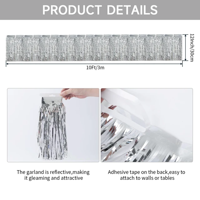 Alt view image 2 of 7 - 4 Pack Silver Fringe Garland, 40FT Metallic Foil Fringe Banner, Tinsel Garland, Silver Streamers Foil Fringe Curtain Fringe Trim for Birthday Wedding Christmas Graduation Party Decorations