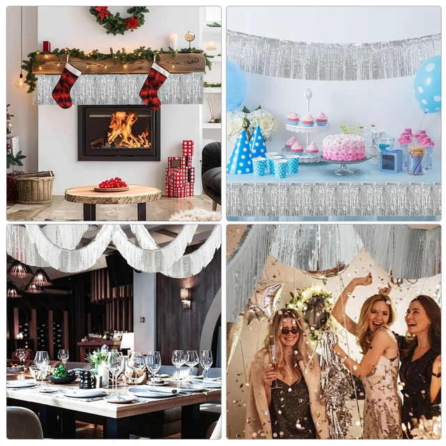 Alt view image 6 of 7 - 4 Pack Silver Fringe Garland, 40FT Metallic Foil Fringe Banner, Tinsel Garland, Silver Streamers Foil Fringe Curtain Fringe Trim for Birthday Wedding Christmas Graduation Party Decorations