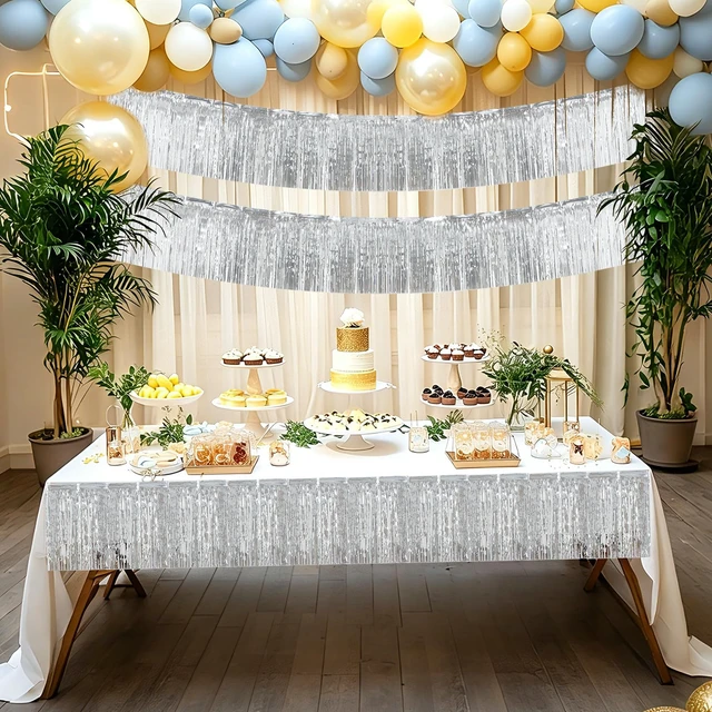Alt view image 5 of 7 - 4 Pack Silver Fringe Garland, 40FT Metallic Foil Fringe Banner, Tinsel Garland, Silver Streamers Foil Fringe Curtain Fringe Trim for Birthday Wedding Christmas Graduation Party Decorations