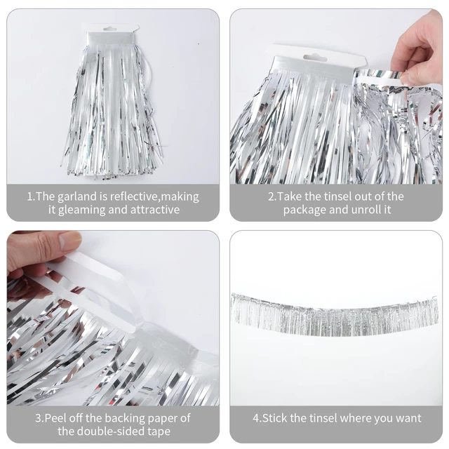 Alt view image 7 of 7 - 4 Pack Silver Fringe Garland, 40FT Metallic Foil Fringe Banner, Tinsel Garland, Silver Streamers Foil Fringe Curtain Fringe Trim for Birthday Wedding Christmas Graduation Party Decorations