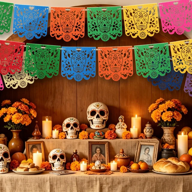 Alt view image 2 of 7 - Dia De Los Muertos Decorations 4 Pcs Felt Colorful Papel Picado 40 Feet | Mexican Party Hanging Banner Day of the Dead Altar Ofrenda Decoration for Mexicano para fiesta Halloween Decor