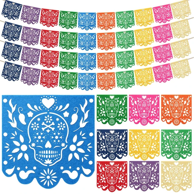 Main image of Dia De Los Muertos Decorations 4 Pcs Felt Colorful Papel Picado 40 Feet | Mexican Party Hanging Banner Day of the Dead Altar Ofrenda Decoration for Mexicano para fiesta Halloween Decor