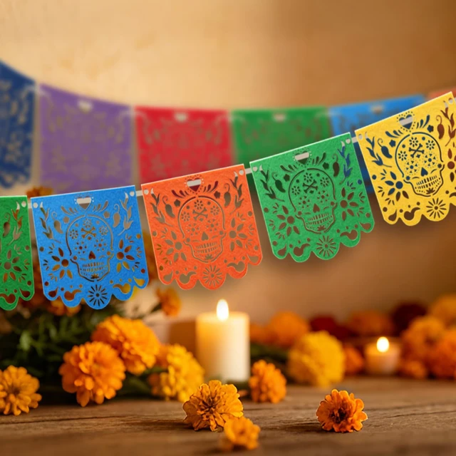 Alt view image 3 of 7 - Dia De Los Muertos Decorations 4 Pcs Felt Colorful Papel Picado 40 Feet | Mexican Party Hanging Banner Day of the Dead Altar Ofrenda Decoration for Mexicano para fiesta Halloween Decor