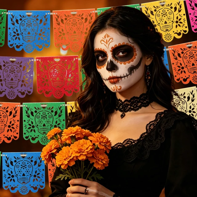 Alt view image 4 of 7 - Dia De Los Muertos Decorations 4 Pcs Felt Colorful Papel Picado 40 Feet | Mexican Party Hanging Banner Day of the Dead Altar Ofrenda Decoration for Mexicano para fiesta Halloween Decor