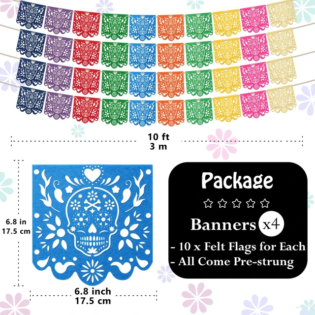 Alt view image 6 of 7 - Dia De Los Muertos Decorations 4 Pcs Felt Colorful Papel Picado 40 Feet | Mexican Party Hanging Banner Day of the Dead Altar Ofrenda Decoration for Mexicano para fiesta Halloween Decor