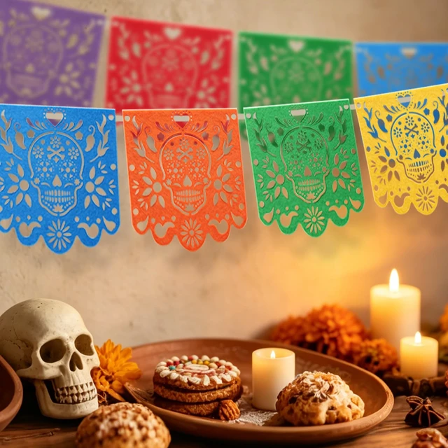 Alt view image 7 of 7 - Dia De Los Muertos Decorations 4 Pcs Felt Colorful Papel Picado 40 Feet | Mexican Party Hanging Banner Day of the Dead Altar Ofrenda Decoration for Mexicano para fiesta Halloween Decor