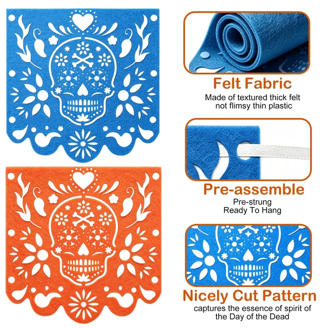 Alt view image 5 of 7 - Dia De Los Muertos Decorations 4 Pcs Felt Colorful Papel Picado 40 Feet | Mexican Party Hanging Banner Day of the Dead Altar Ofrenda Decoration for Mexicano para fiesta Halloween Decor