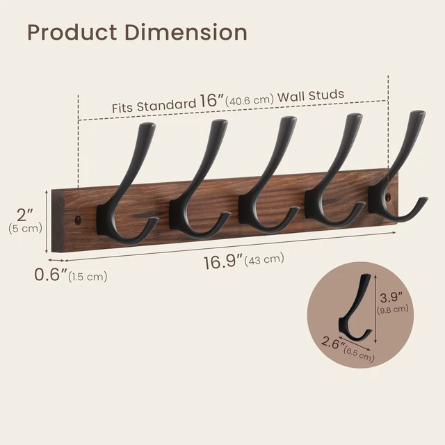 Alt view image 2 of 7 - Wooden Wall Mount Coat Hooks 1PC (Brown) | Sturdy Wooden Coat Hooks, Easy Wall Mounting, Holds Coats, Hats, Bags & Keys, Quick Assembly Required