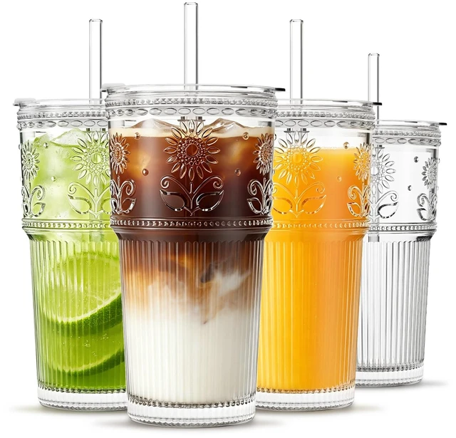 Main image of 20 oz Iced Coffee Cups with Lids and Straw, Set of 4 Glass Tumbler | Sunflower Glass for Iced Coffee, Matcha, Smoothie, Milk and Water, Fits Most Car Cup Holders, BPA-Free, Dishwasher-Safe