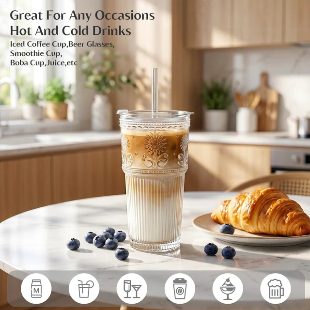 Alt view image 2 of 7 - 20 oz Iced Coffee Cups with Lids and Straw, Set of 4 Glass Tumbler | Sunflower Glass for Iced Coffee, Matcha, Smoothie, Milk and Water, Fits Most Car Cup Holders, BPA-Free, Dishwasher-Safe