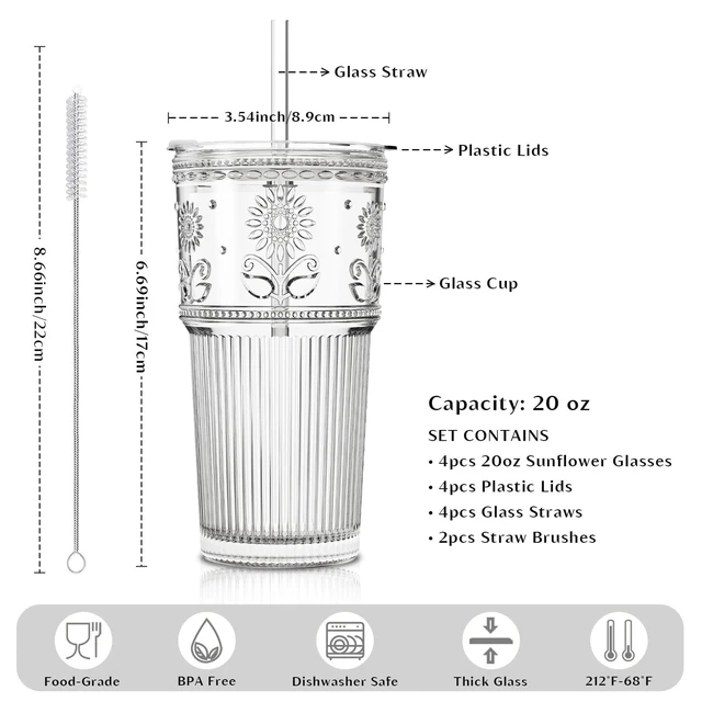 Alt view image 3 of 7 - 20 oz Iced Coffee Cups with Lids and Straw, Set of 4 Glass Tumbler | Sunflower Glass for Iced Coffee, Matcha, Smoothie, Milk and Water, Fits Most Car Cup Holders, BPA-Free, Dishwasher-Safe