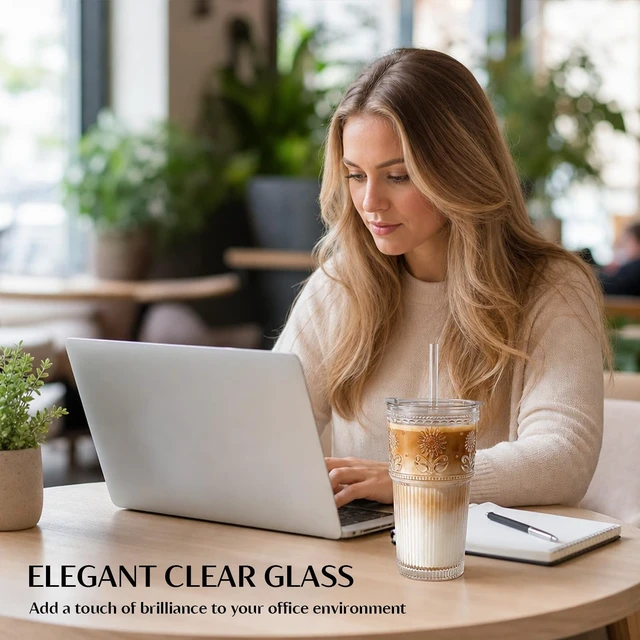 Alt view image 4 of 7 - 20 oz Iced Coffee Cups with Lids and Straw, Set of 4 Glass Tumbler | Sunflower Glass for Iced Coffee, Matcha, Smoothie, Milk and Water, Fits Most Car Cup Holders, BPA-Free, Dishwasher-Safe