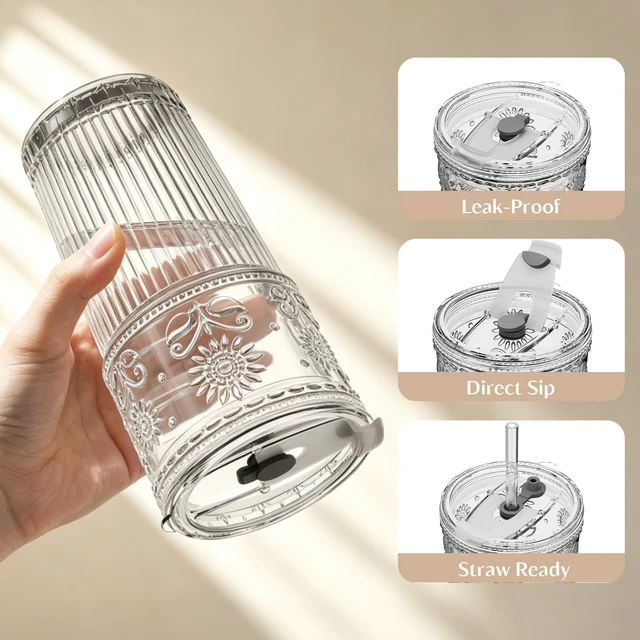 Alt view image 5 of 7 - 20 oz Iced Coffee Cups with Lids and Straw, Set of 4 Glass Tumbler | Sunflower Glass for Iced Coffee, Matcha, Smoothie, Milk and Water, Fits Most Car Cup Holders, BPA-Free, Dishwasher-Safe