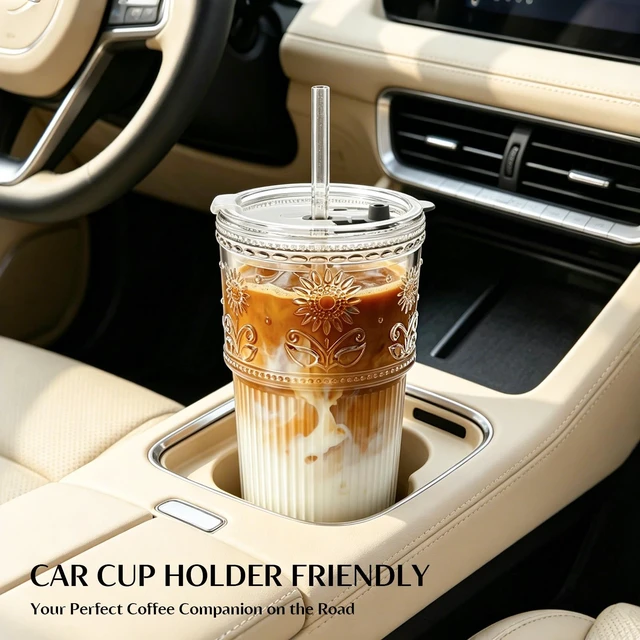 Alt view image 6 of 7 - 20 oz Iced Coffee Cups with Lids and Straw, Set of 4 Glass Tumbler | Sunflower Glass for Iced Coffee, Matcha, Smoothie, Milk and Water, Fits Most Car Cup Holders, BPA-Free, Dishwasher-Safe