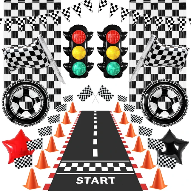 Main image of Race Car Birthday Party Decorations Set with Banner Runner Flags Cones | 12 Mini Traffic Cones, 12 Checkered Flags, Racetrack Runner, 2 Fringe Curtains & Tire Traffic Light Foil Balloons